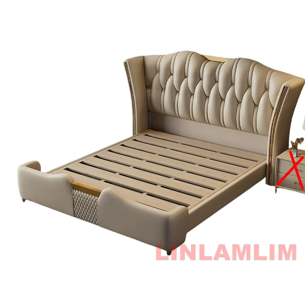 Linlamlim Luxury Modern Upholstered Bed Frame with Gold Accents, Genuine Leather Designer Bed, Queen/King Size Bedroom Furniture