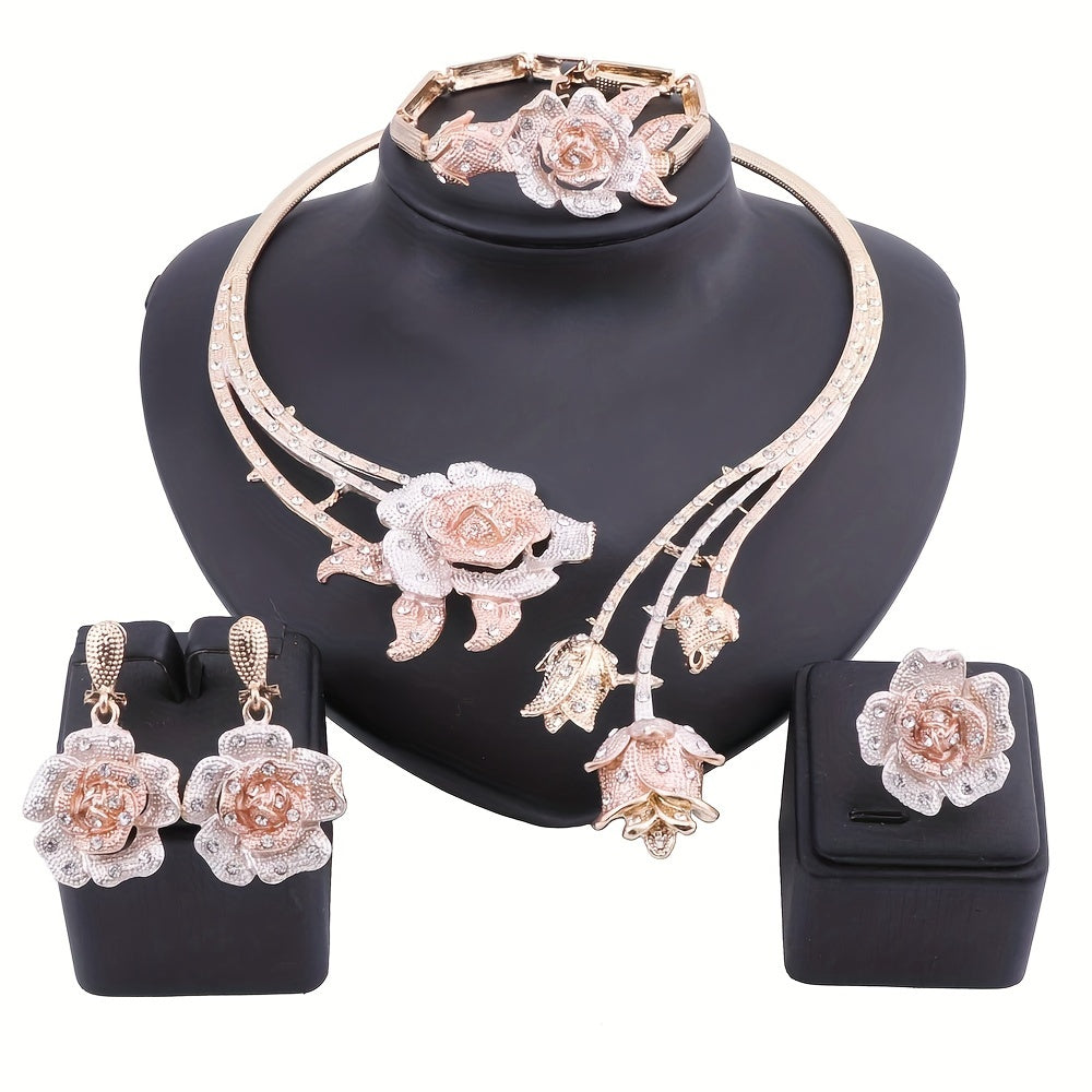 Elegant Rose Flower Rhinestone Jewelry Set for Women - Necklace, Earrings, And Ring for Weddings & Parties, Luxurious Floral Design