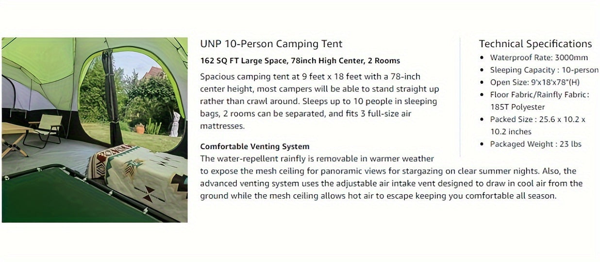 10-Person Double Layer Waterproof Big Camping Tent, UNP Family Tents with 5 Large Mesh Windows, 2 Room, 18ft x 9ft x78in, Easy Up, Weather Resistant