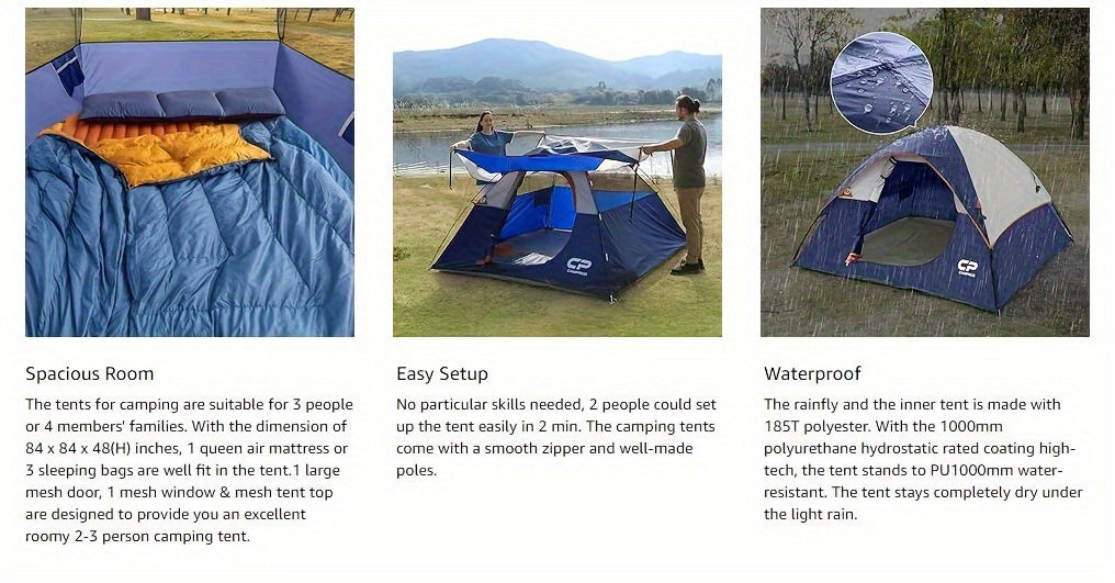 Camping Tent 3 Person Tent - Dome Tents for Camping, Waterproof Windproof Backpacking Tent, Easy Set up Small Lightweight Tents, for All Seasons Hiking Beach Outdoor with 3 Mesh Windows Blue