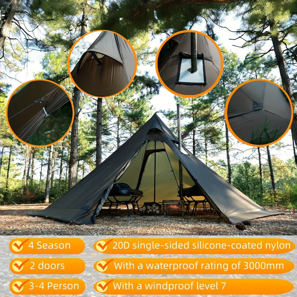 3-4 Person Hot Tent With Stove Jack And Snow Skirt - 4 Season, Winter Camping Tent, & Windproof, Lightweight 4.8lb | Ideal For Family Camping, Hiking, Hunting, Fishing | Hot Tent, Hot Tents For Camping, Camping Tent