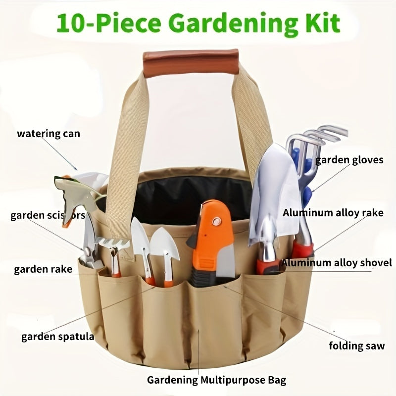 Garden Tool Set, 10 Piece Aluminum Hand Tool Kit, Garden Canvas Apron with Storage Pocket, Outdoor Tool, Heavy Duty Gardening Work Set with Ergonomic Handle, Gardening Tools for women men