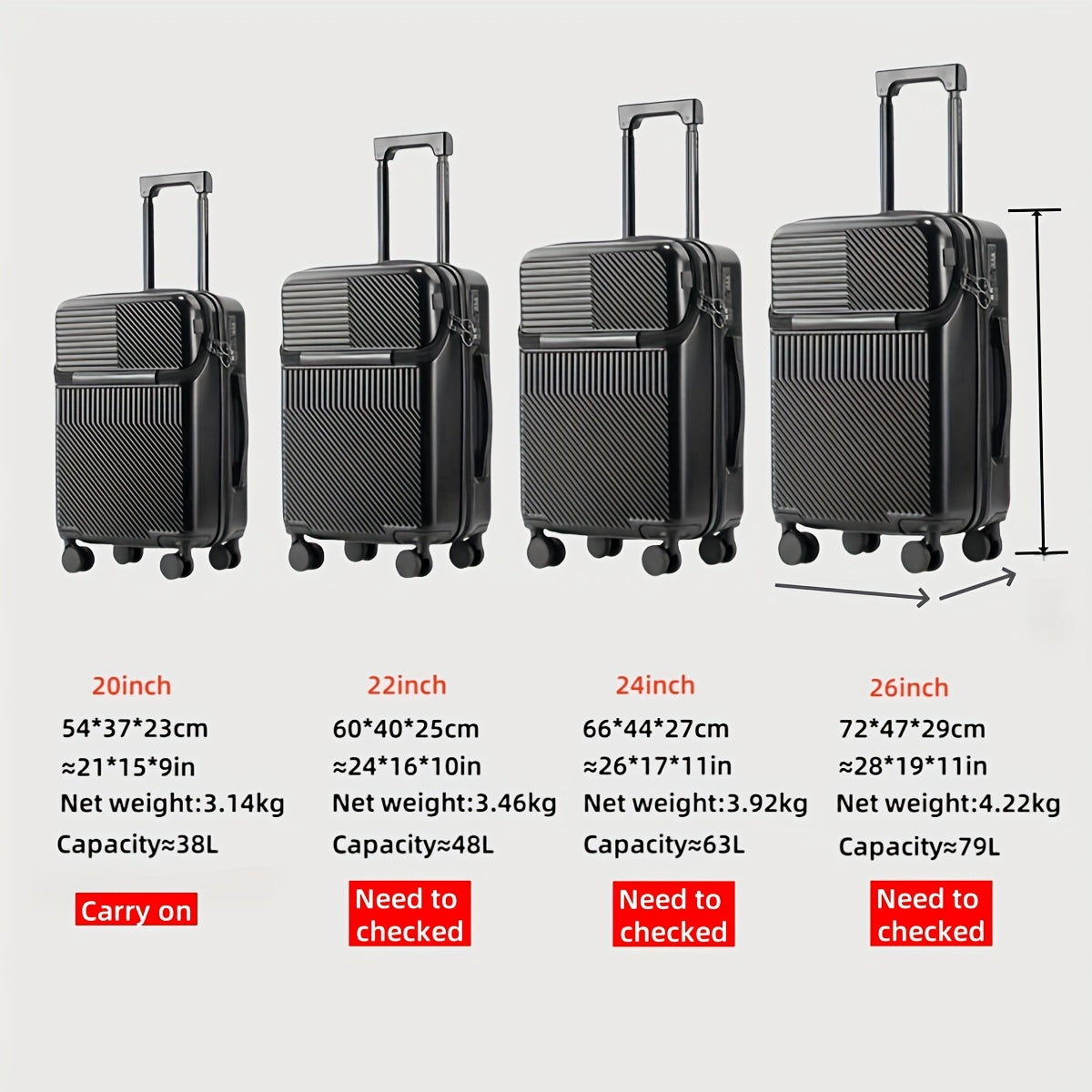 1pc 20/22/24/26 Inch Carry On Front Open Luggage, ABS+PC Suitcase, Travel Functional Boarding Case With Double Spinner Wheels, Lightweight Rolling Luggage With TSA Lock, Easy Maneuverability For Stress-Free Travel Experience