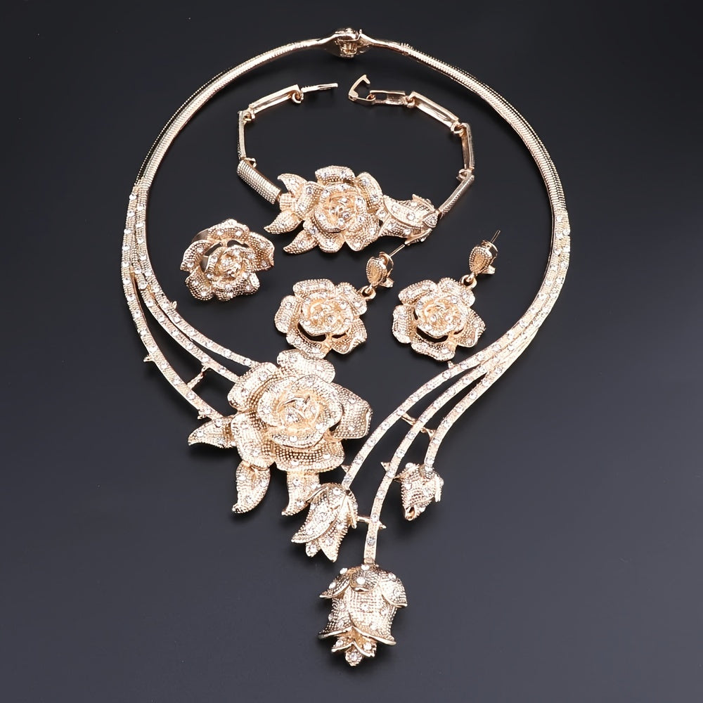 Elegant Rose Flower Rhinestone Jewelry Set for Women - Necklace, Earrings, And Ring for Weddings & Parties, Luxurious Floral Design
