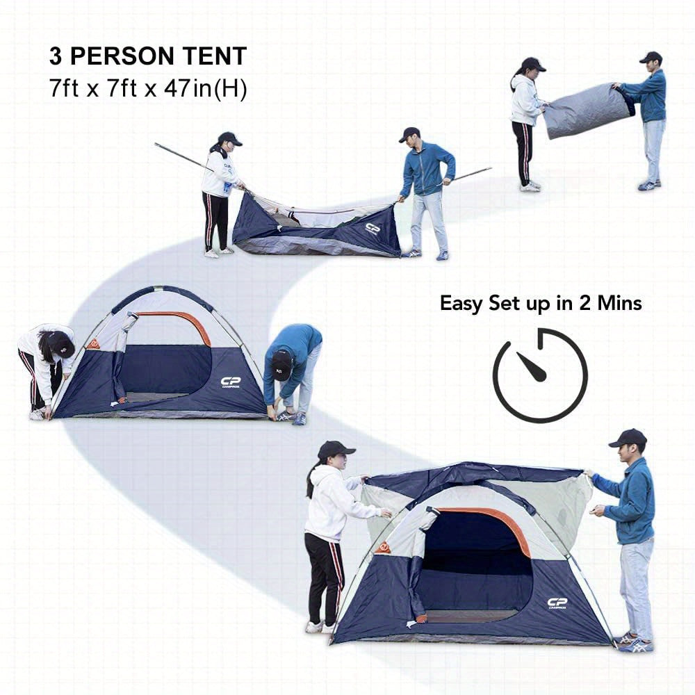Camping Tent 3 Person Tent - Dome Tents for Camping, Waterproof Windproof Backpacking Tent, Easy Set up Small Lightweight Tents, for All Seasons Hiking Beach Outdoor with 3 Mesh Windows Blue