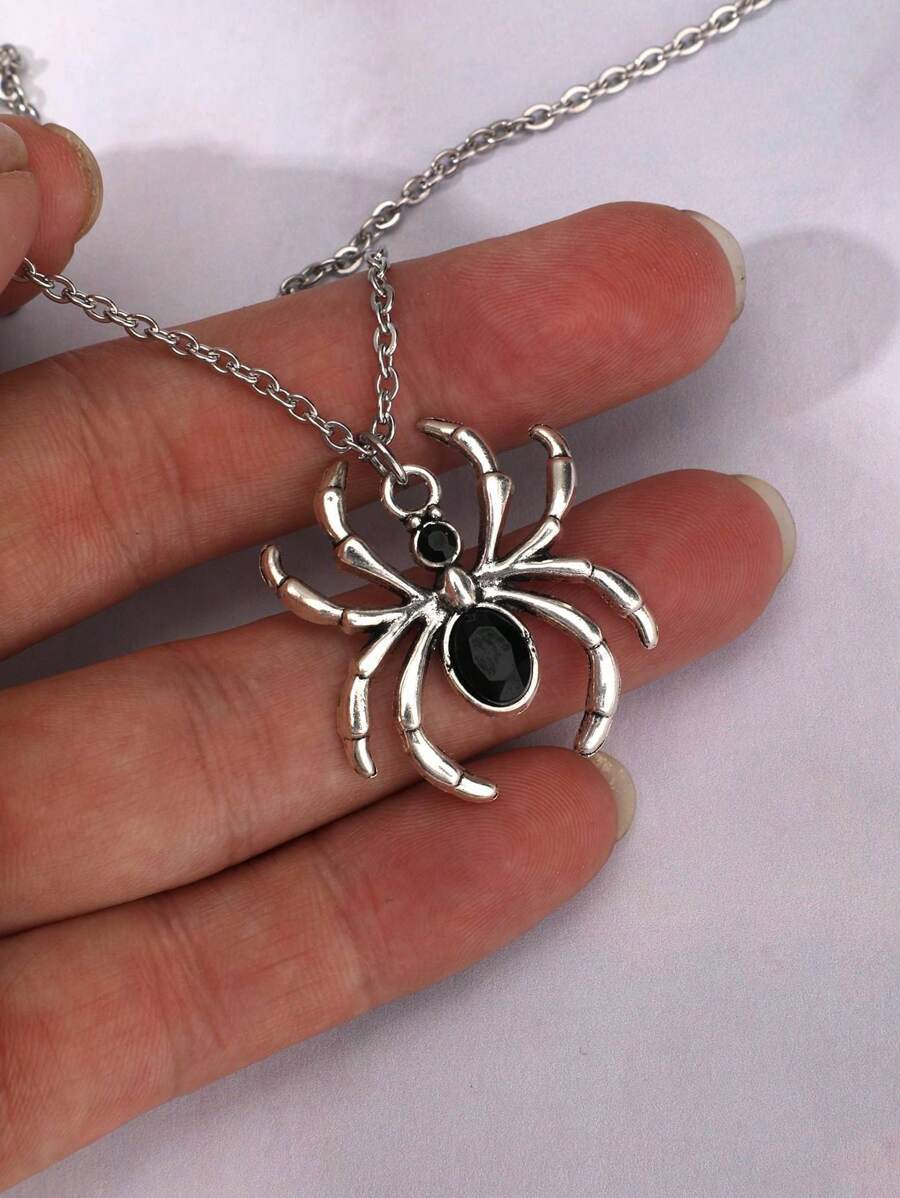 1pc Vintage Dark Style Gothic Alloy Rhinestone Spider Pendant Women Necklace