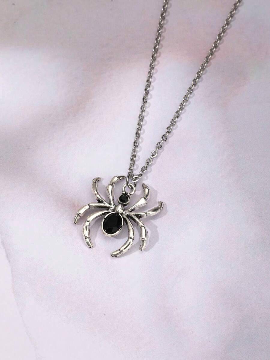 1pc Vintage Dark Style Gothic Alloy Rhinestone Spider Pendant Women Necklace