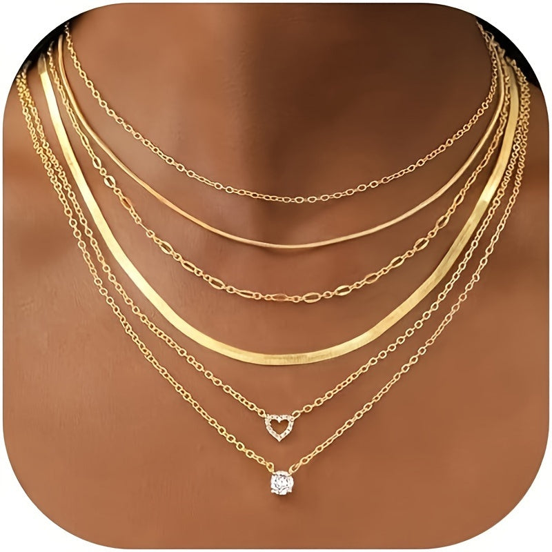 6 PCs women necklace set fashionable dainty snake chain layered necklace heart pendant necklace jewelry gift for WOMEN'S girl