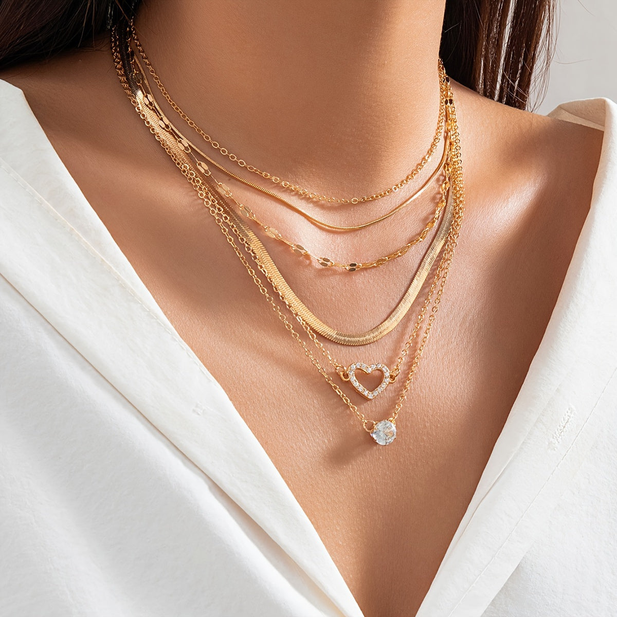 6 PCs women necklace set fashionable dainty snake chain layered necklace heart pendant necklace jewelry gift for WOMEN'S girl