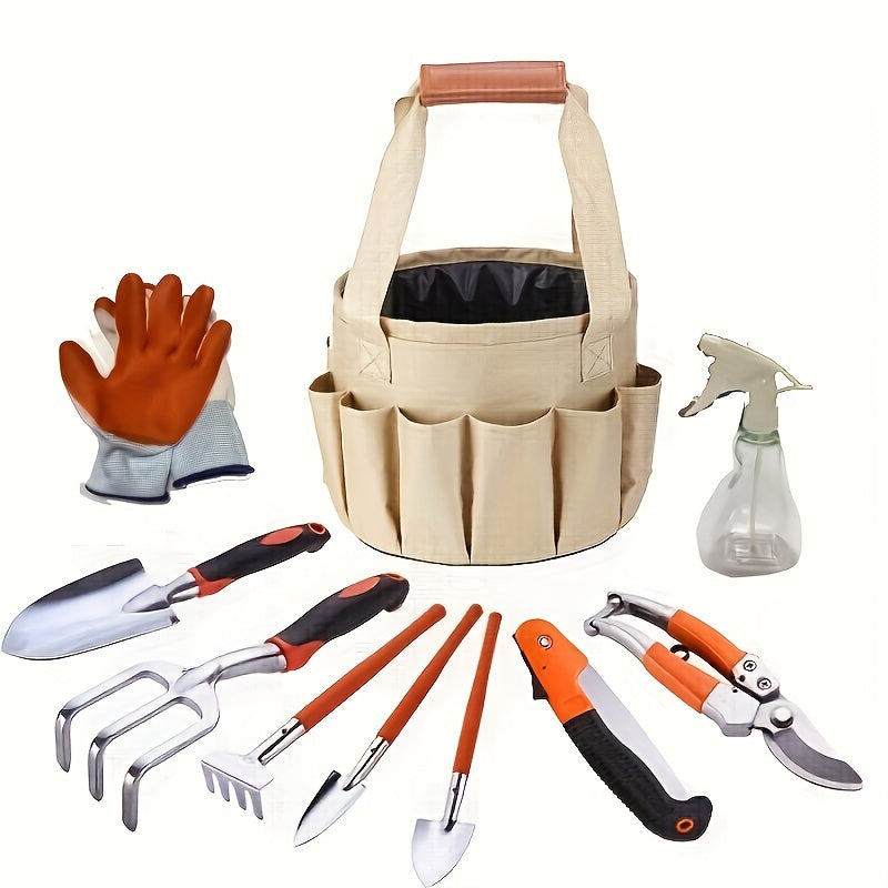 Garden Tool Set, 10 Piece Aluminum Hand Tool Kit, Garden Canvas Apron with Storage Pocket, Outdoor Tool, Heavy Duty Gardening Work Set with Ergonomic Handle, Gardening Tools for women men
