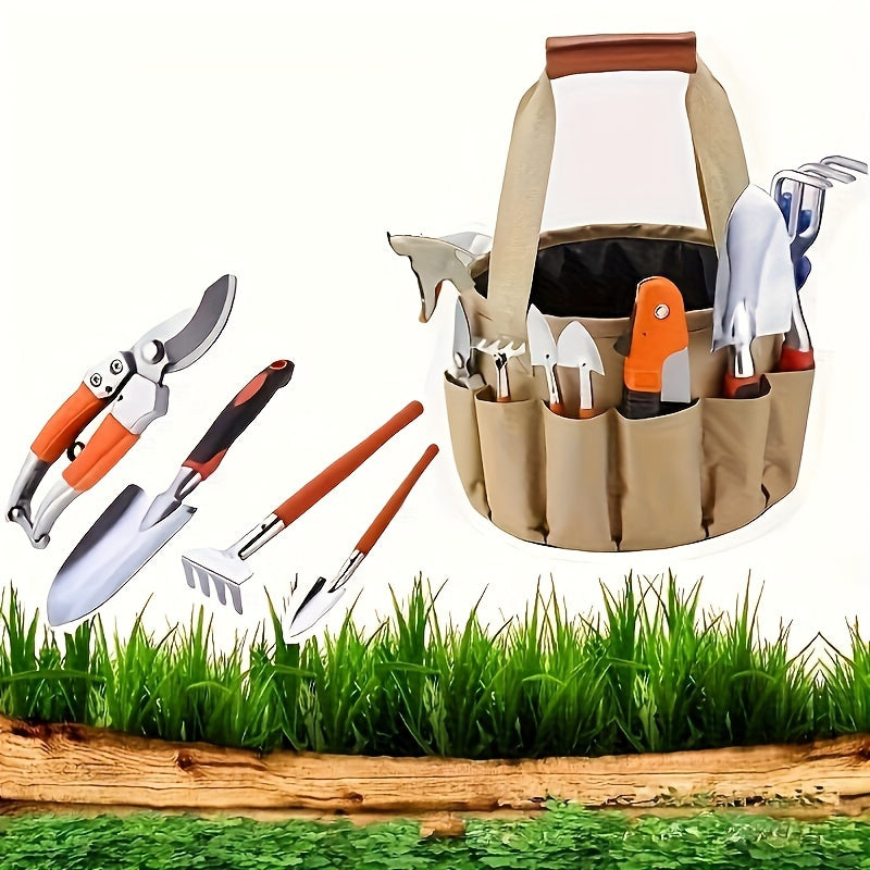 Garden Tool Set, 10 Piece Aluminum Hand Tool Kit, Garden Canvas Apron with Storage Pocket, Outdoor Tool, Heavy Duty Gardening Work Set with Ergonomic Handle, Gardening Tools for women men