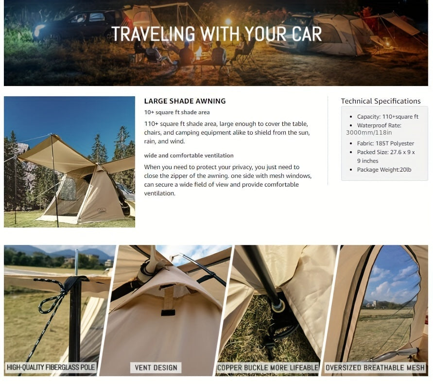 SUV Car Tent, Tailgate Shade Awning Tent for Camping, Vehicle Camping Tents Outdoor Travel