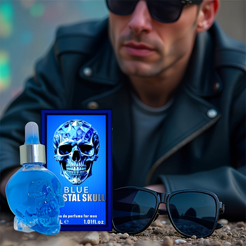 Blue Skull Men’s Cologne - 30ml/1.01fl.oz, Long-Lasting Woody Scent, Alcohol-Free Perfume Oil, Portable & Stylish Design for Business Trips or Everyday Use, Business Trip Cologne | Unique Cologne Bottle | Longlasting Scent