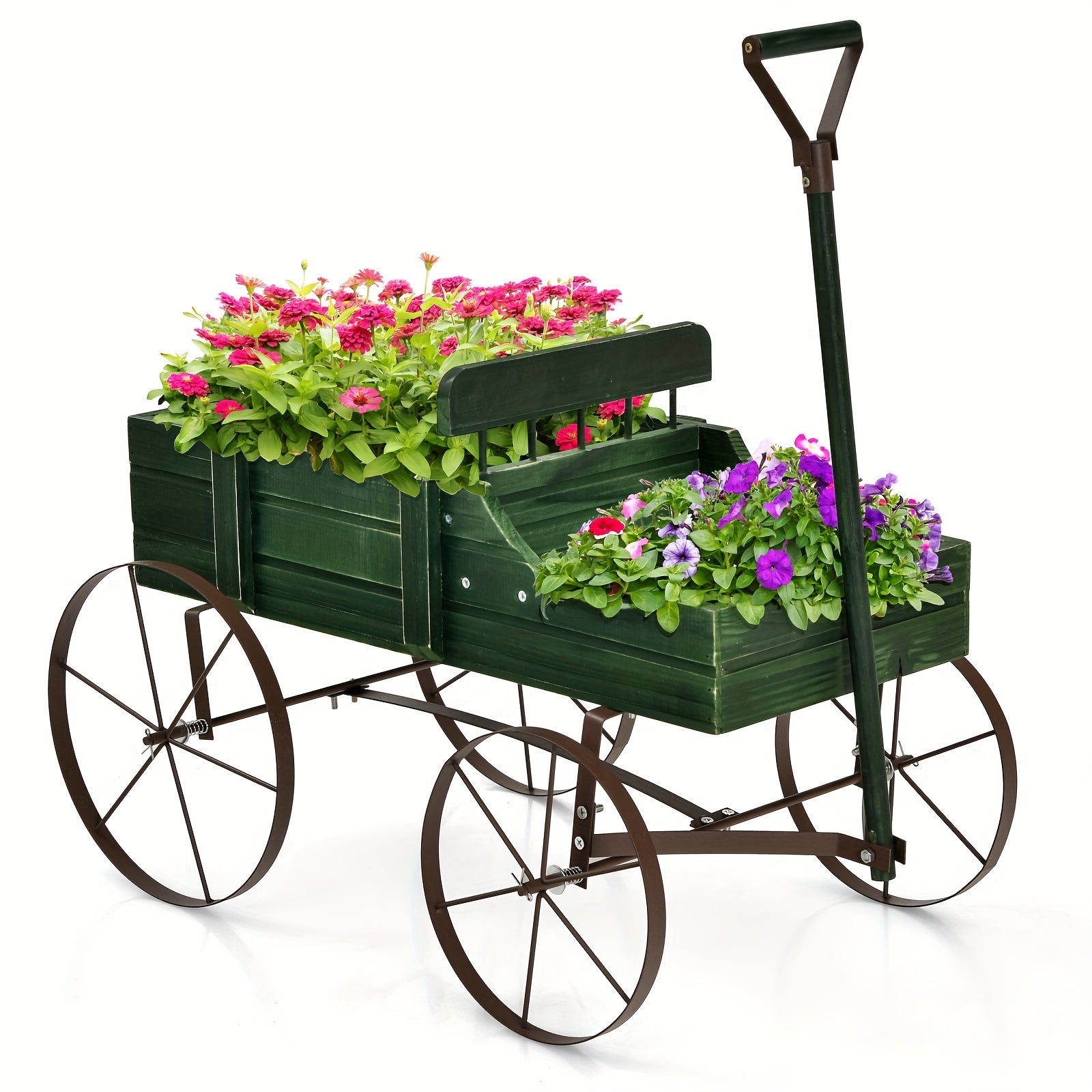 COSTWAY Blue Wooden Garden Planter Wagon with Metal Wheels – Sturdy Fir Wood Flower Bed with Dual Planting Areas, Decorative Handles, and User Guide for Patio, Yard, or Balcony, Balcony Plant Bed | Plant Cultivation Tool |