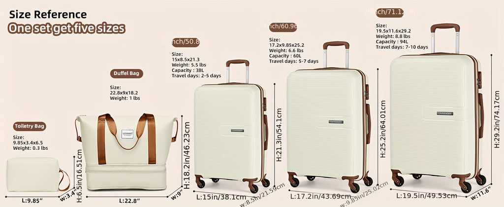 Luggage Sets 5 Piece, 28 Inch Expandable PP Hard Carry On Luggage Set With Rotating Wheels, 24 Inch Men's And Women's Lightweight Rolling Luggage, 20 Inch 3-piece Set For Portable Luggage, Beige