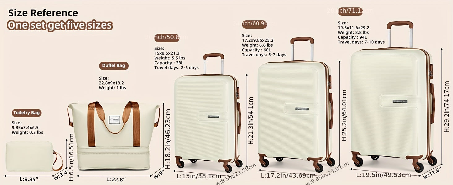 Luggage Sets 5 Piece, 28 Inch Expandable PP Hard Carry On Luggage Set With Rotating Wheels, 24 Inch Men's And Women's Lightweight Rolling Luggage, 20 Inch 3-piece Set For Portable Luggage, Beige