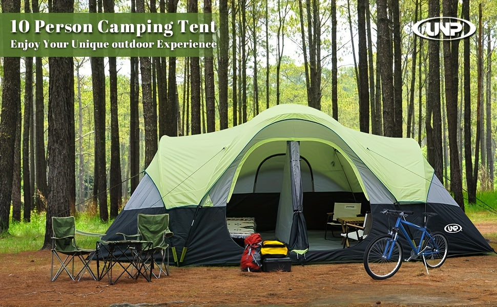 10-Person Double Layer Waterproof Big Camping Tent, UNP Family Tents with 5 Large Mesh Windows, 2 Room, 18ft x 9ft x78in, Easy Up, Weather Resistant
