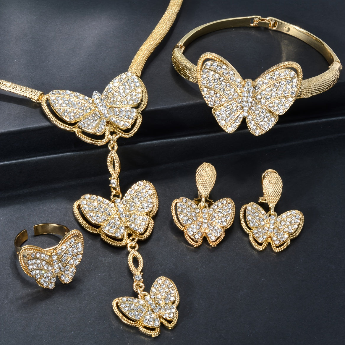 1-Set Exquisite Copper Golden Butterfly Jewelry Set for Women - Necklace, Bangle, Ring, Earrings with Pendant - Perfect Gift for Wedding, Party, Birthday, Anniversary, and Daily Wear