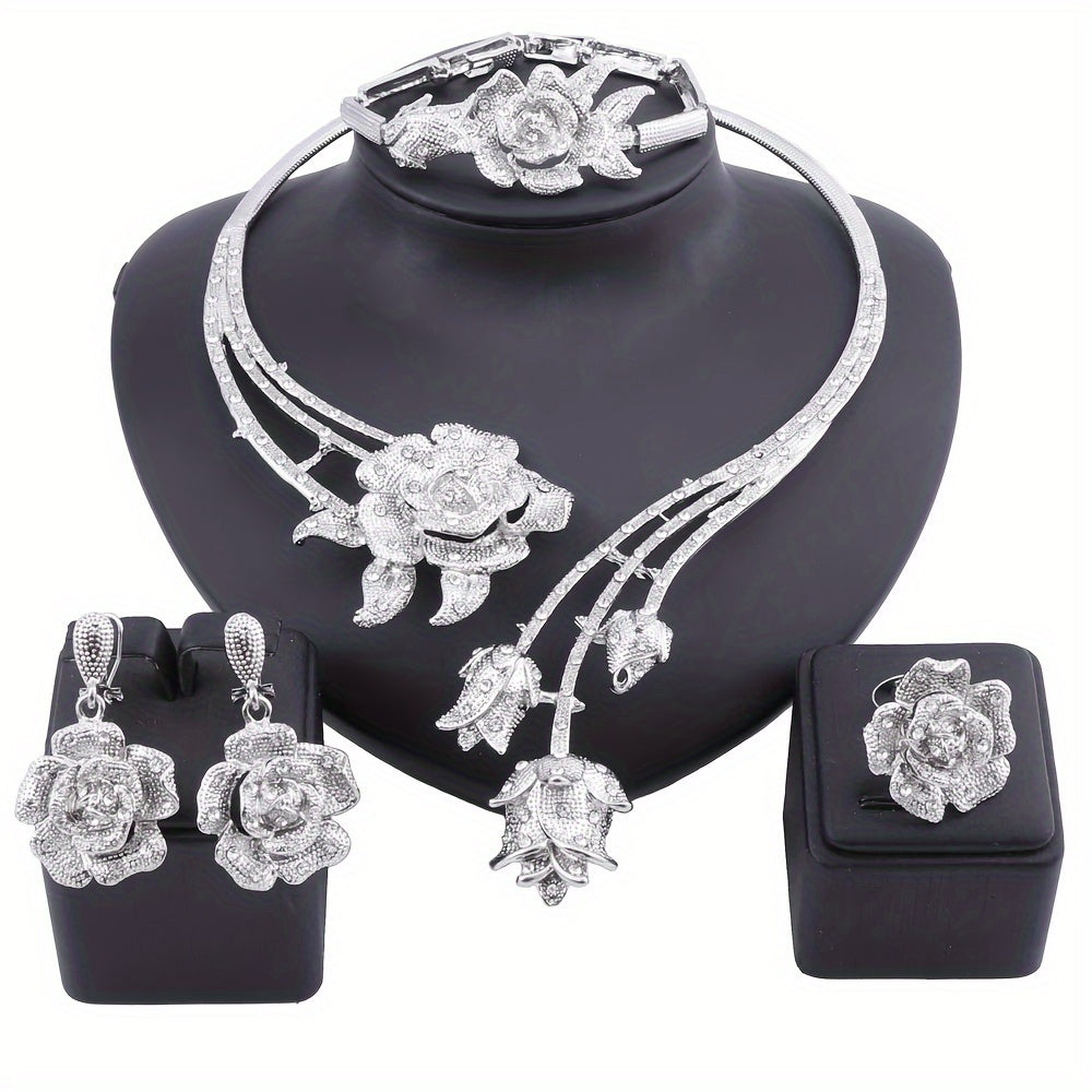 Elegant Rose Flower Rhinestone Jewelry Set for Women - Necklace, Earrings, And Ring for Weddings & Parties, Luxurious Floral Design