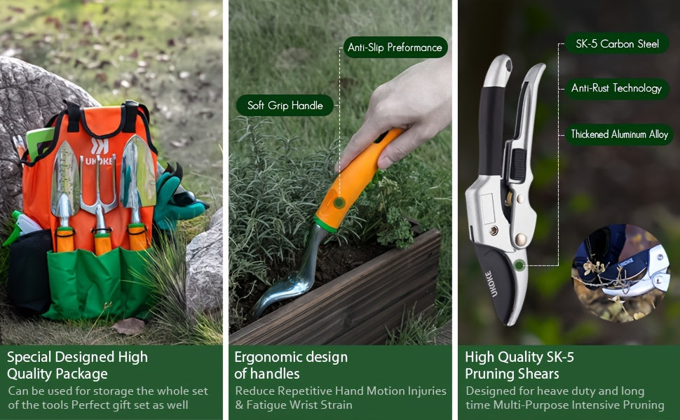 Garden Tool Set, 12 Piece Aluminum Hand Tool Kit, Garden Canvas Apron with Storage Pocket, Outdoor Tool, Heavy Duty Gardening Work Set with Ergonomic Handle, Gardening Tools for women men