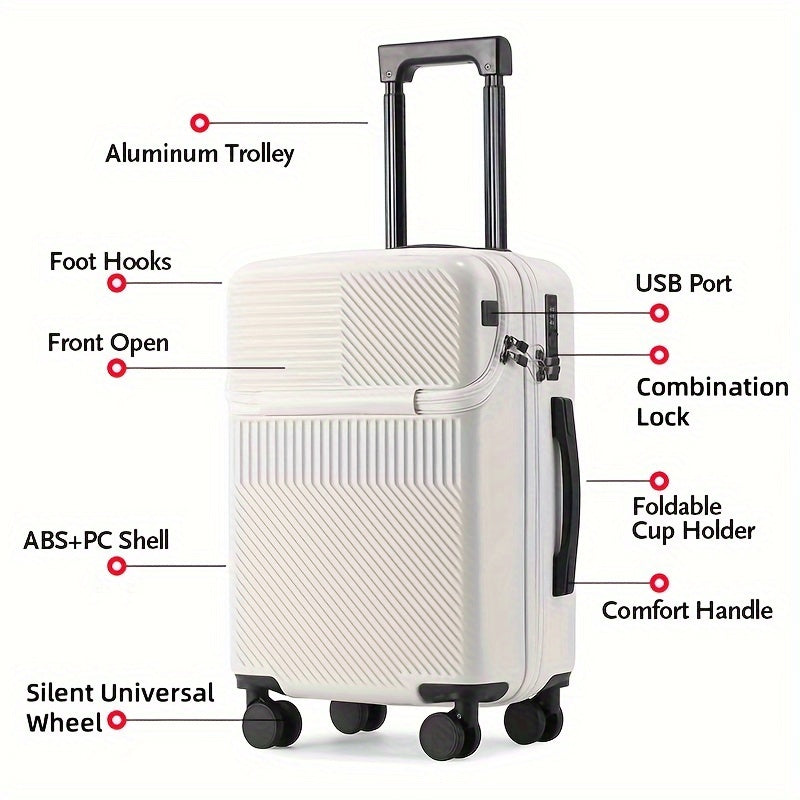 1pc 20/22/24/26 Inch Carry On Front Open Luggage, ABS+PC Suitcase, Travel Functional Boarding Case With Double Spinner Wheels, Lightweight Rolling Luggage With TSA Lock, Easy Maneuverability For Stress-Free Travel Experience