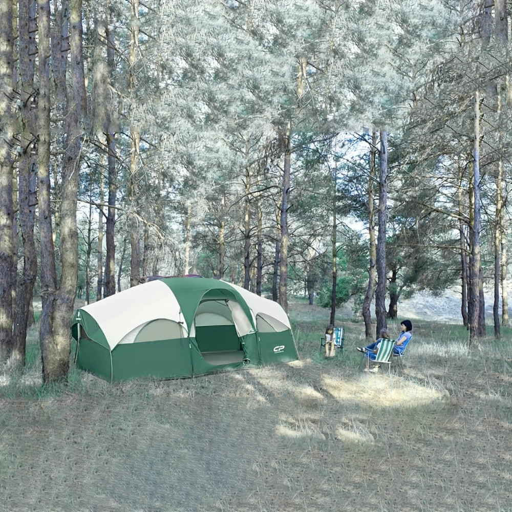 8 Person Camping Tents, Weather Resistant Family Tent, 5 Large Mesh Windows, Double Layer, Divided Curtain for Separated Room, Portable with Carry Bag