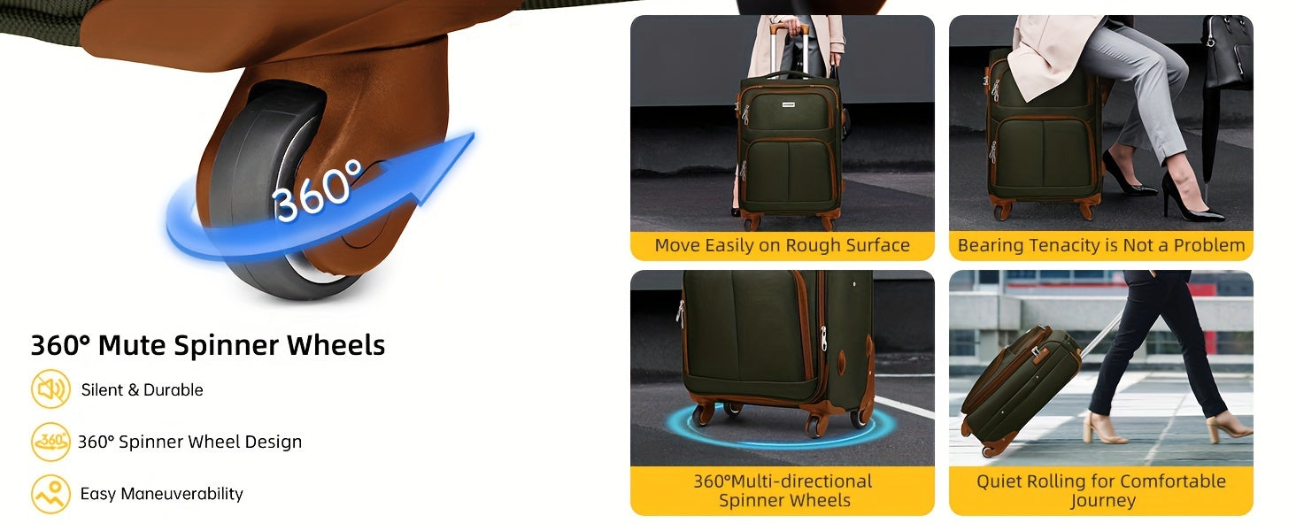 Soft Edge Luggage Set Of 3 Pieces, Expandable 20 Inch Carry On Luggage 22x14x9, Approved By The Airline, With TSA Lock Wheels, Lightweight Rolling Luggage For Men And Women, Green/brown