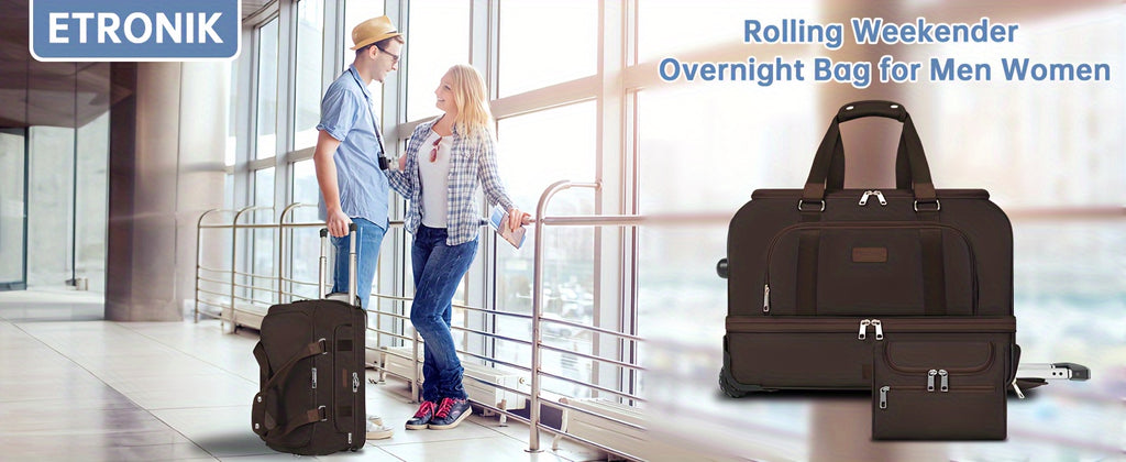 Rolling Luggage Duffel Bag - Spacious & Stylish with Shoe Compartment - Azul & Beige Weekender Set
