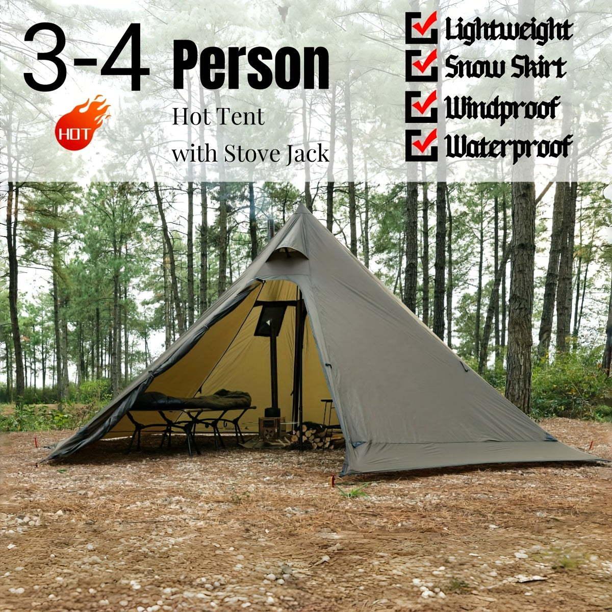 3-4 Person Hot Tent With Stove Jack And Snow Skirt - 4 Season, Winter Camping Tent, & Windproof, Lightweight 4.8lb | Ideal For Family Camping, Hiking, Hunting, Fishing | Hot Tent, Hot Tents For Camping, Camping Tent