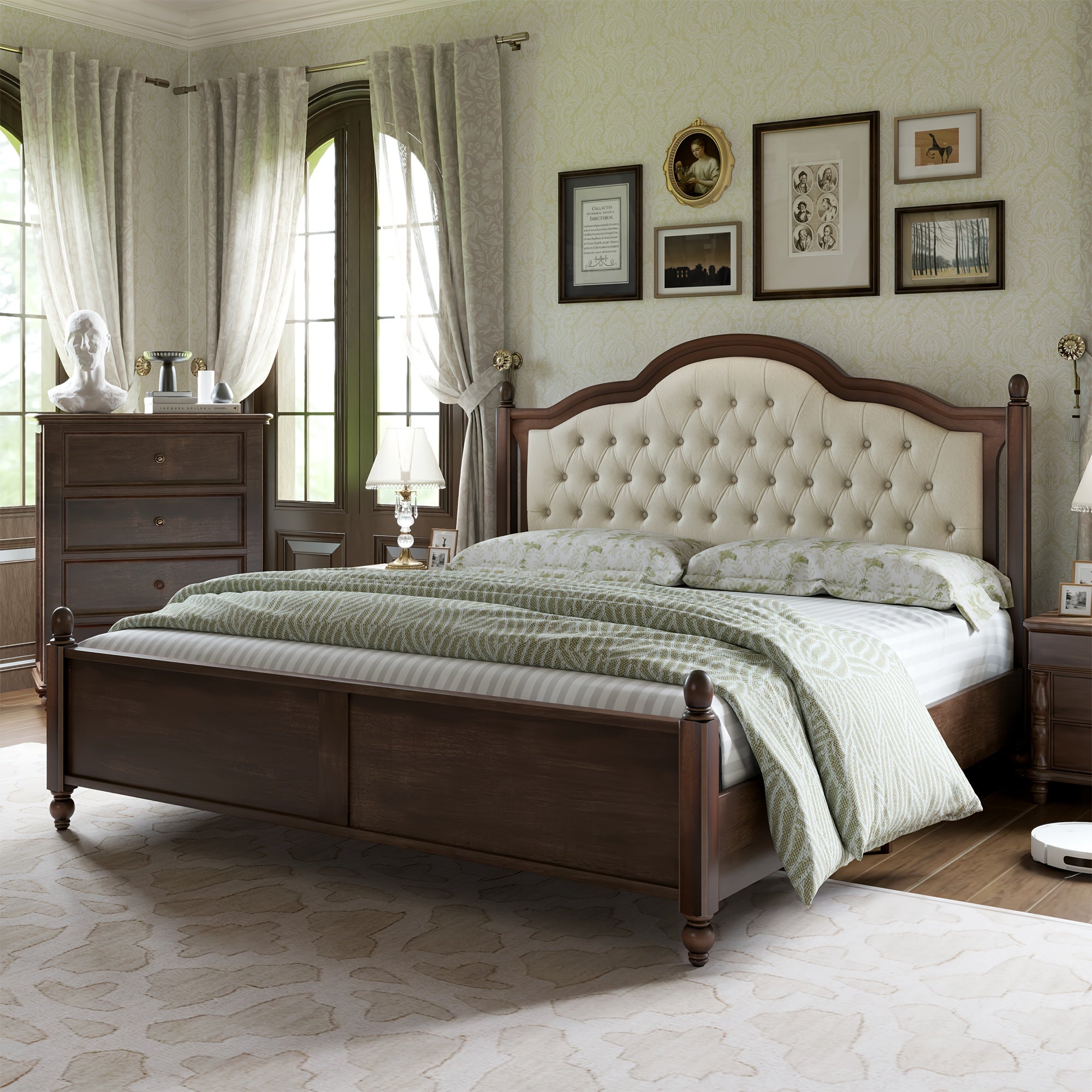 Queen Size Bed Frame Made of Solid Wood, Elegant Platform Bed Featuring a 52.5" Upholstered and Tufted Headboard, Perfect for Transitional Style Bedrooms