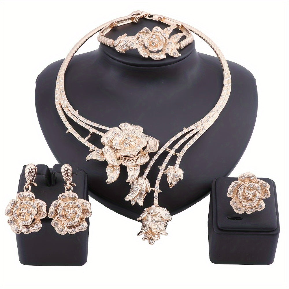 Elegant Rose Flower Rhinestone Jewelry Set for Women - Necklace, Earrings, And Ring for Weddings & Parties, Luxurious Floral Design