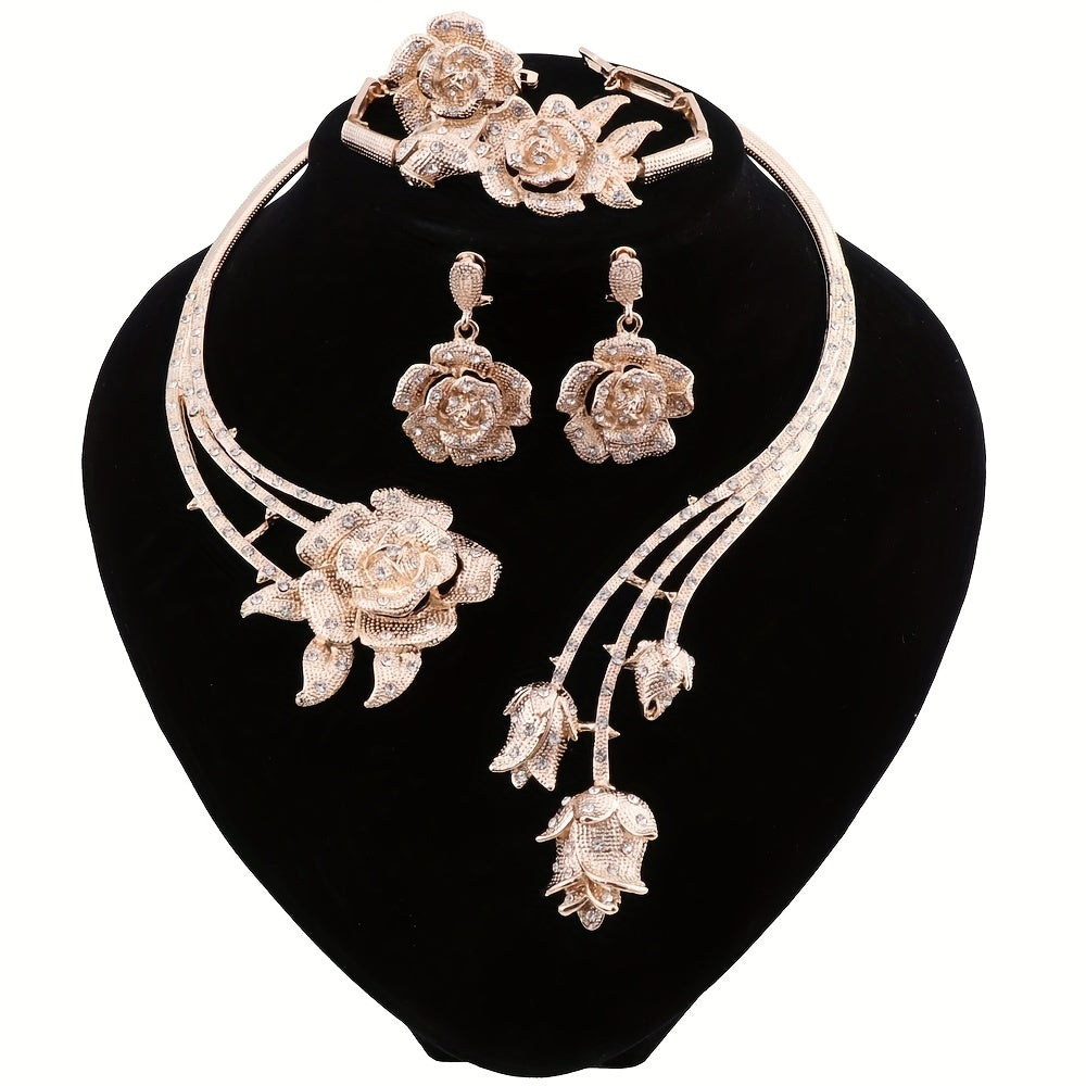 Elegant Rose Flower Rhinestone Jewelry Set for Women - Necklace, Earrings, And Ring for Weddings & Parties, Luxurious Floral Design