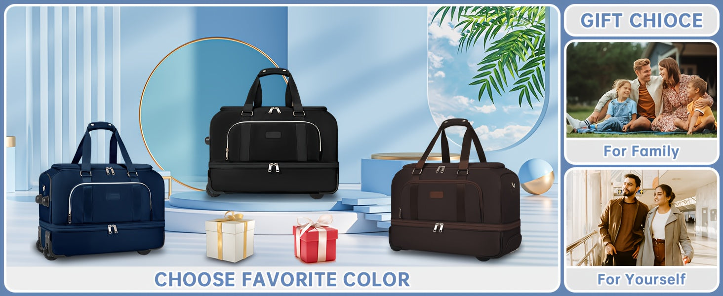 Rolling Luggage Duffel Bag - Spacious & Stylish with Shoe Compartment - Azul & Beige Weekender Set