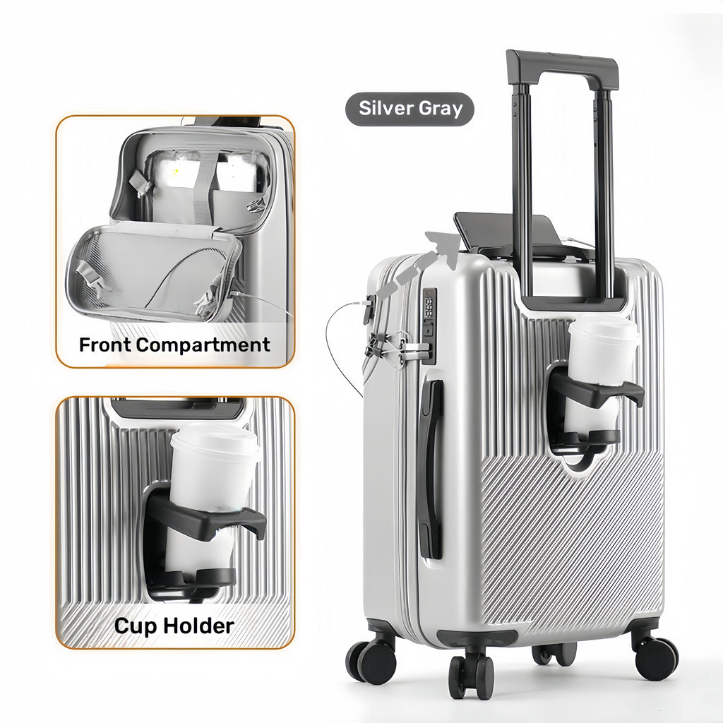 1pc 20/22/24/26 Inch Carry On Front Open Luggage, ABS+PC Suitcase, Travel Functional Boarding Case With Double Spinner Wheels, Lightweight Rolling Luggage With TSA Lock, Easy Maneuverability For Stress-Free Travel Experience