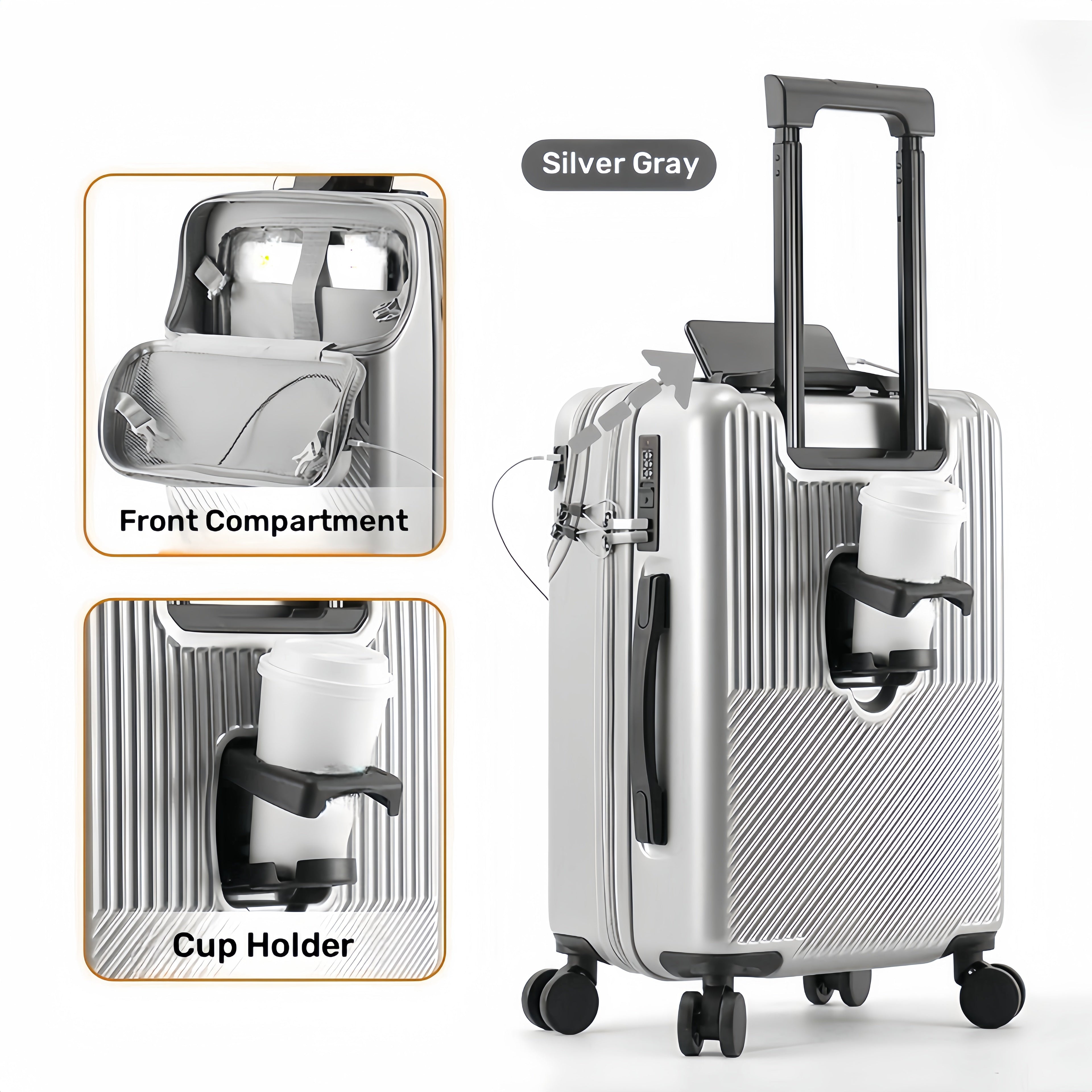 1pc 20/22/24/26 Inch Carry On Front Open Luggage, ABS+PC Suitcase, Travel Functional Boarding Case With Double Spinner Wheels, Lightweight Rolling Luggage With TSA Lock, Easy Maneuverability For Stress-Free Travel Experience