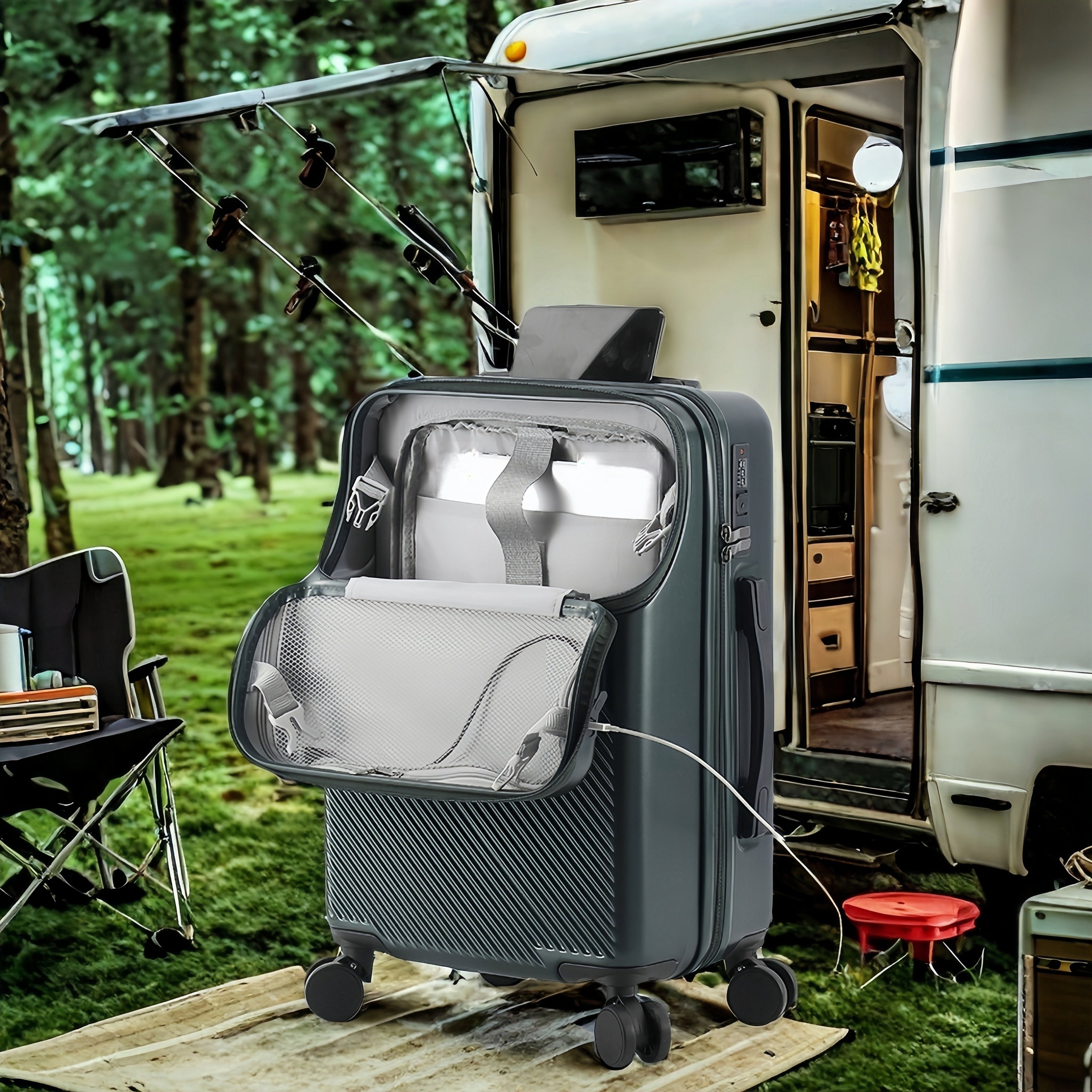 1pc 20/22/24/26 Inch Carry On Front Open Luggage, ABS+PC Suitcase, Travel Functional Boarding Case With Double Spinner Wheels, Lightweight Rolling Luggage With TSA Lock, Easy Maneuverability For Stress-Free Travel Experience