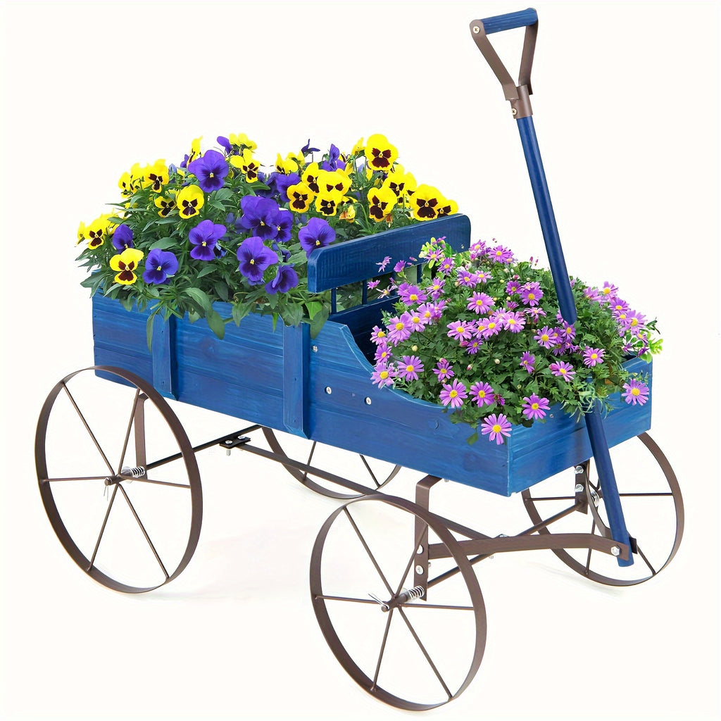 COSTWAY Blue Wooden Garden Planter Wagon with Metal Wheels – Sturdy Fir Wood Flower Bed with Dual Planting Areas, Decorative Handles, and User Guide for Patio, Yard, or Balcony, Balcony Plant Bed | Plant Cultivation Tool |