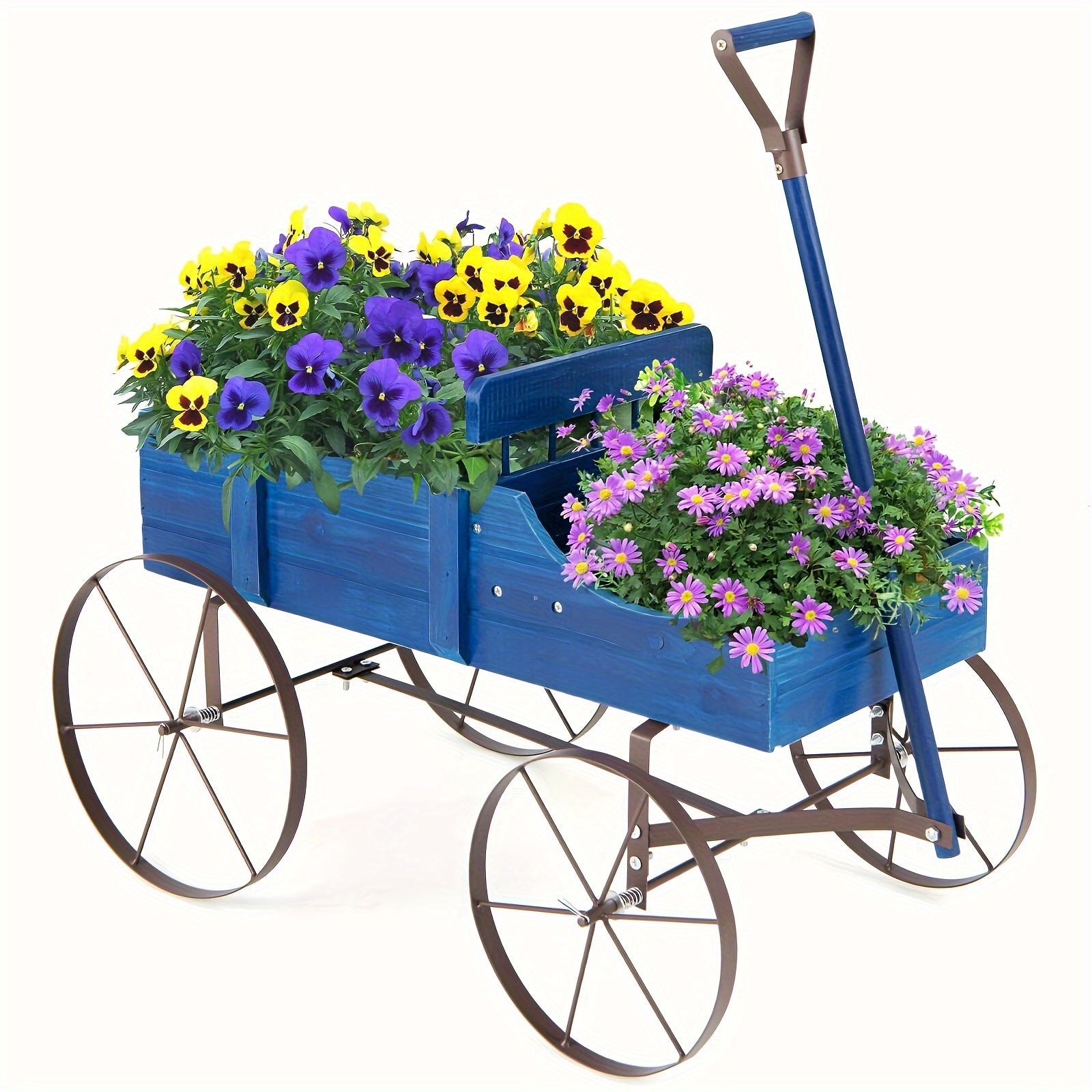 COSTWAY Blue Wooden Garden Planter Wagon with Metal Wheels – Sturdy Fir Wood Flower Bed with Dual Planting Areas, Decorative Handles, and User Guide for Patio, Yard, or Balcony, Balcony Plant Bed | Plant Cultivation Tool |