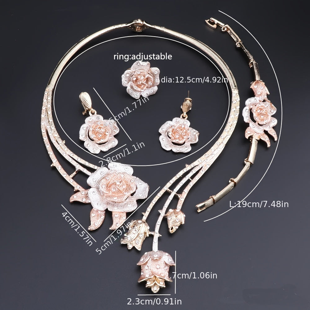 Elegant Rose Flower Rhinestone Jewelry Set for Women - Necklace, Earrings, And Ring for Weddings & Parties, Luxurious Floral Design