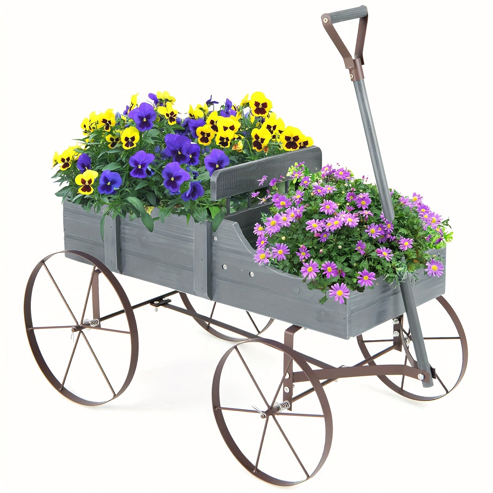 COSTWAY Blue Wooden Garden Planter Wagon with Metal Wheels – Sturdy Fir Wood Flower Bed with Dual Planting Areas, Decorative Handles, and User Guide for Patio, Yard, or Balcony, Balcony Plant Bed | Plant Cultivation Tool |