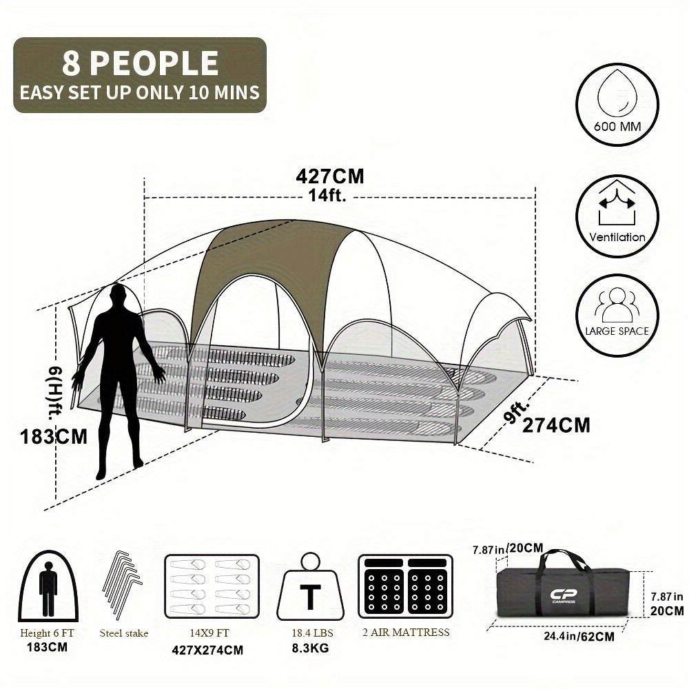 8 Person Camping Tents, Weather Resistant Family Tent, 5 Large Mesh Windows, Double Layer, Divided Curtain for Separated Room, Portable with Carry Bag