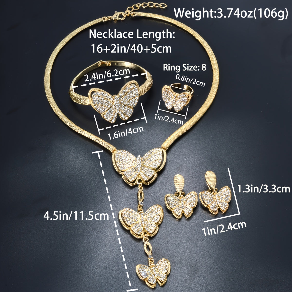 1-Set Exquisite Copper Golden Butterfly Jewelry Set for Women - Necklace, Bangle, Ring, Earrings with Pendant - Perfect Gift for Wedding, Party, Birthday, Anniversary, and Daily Wear
