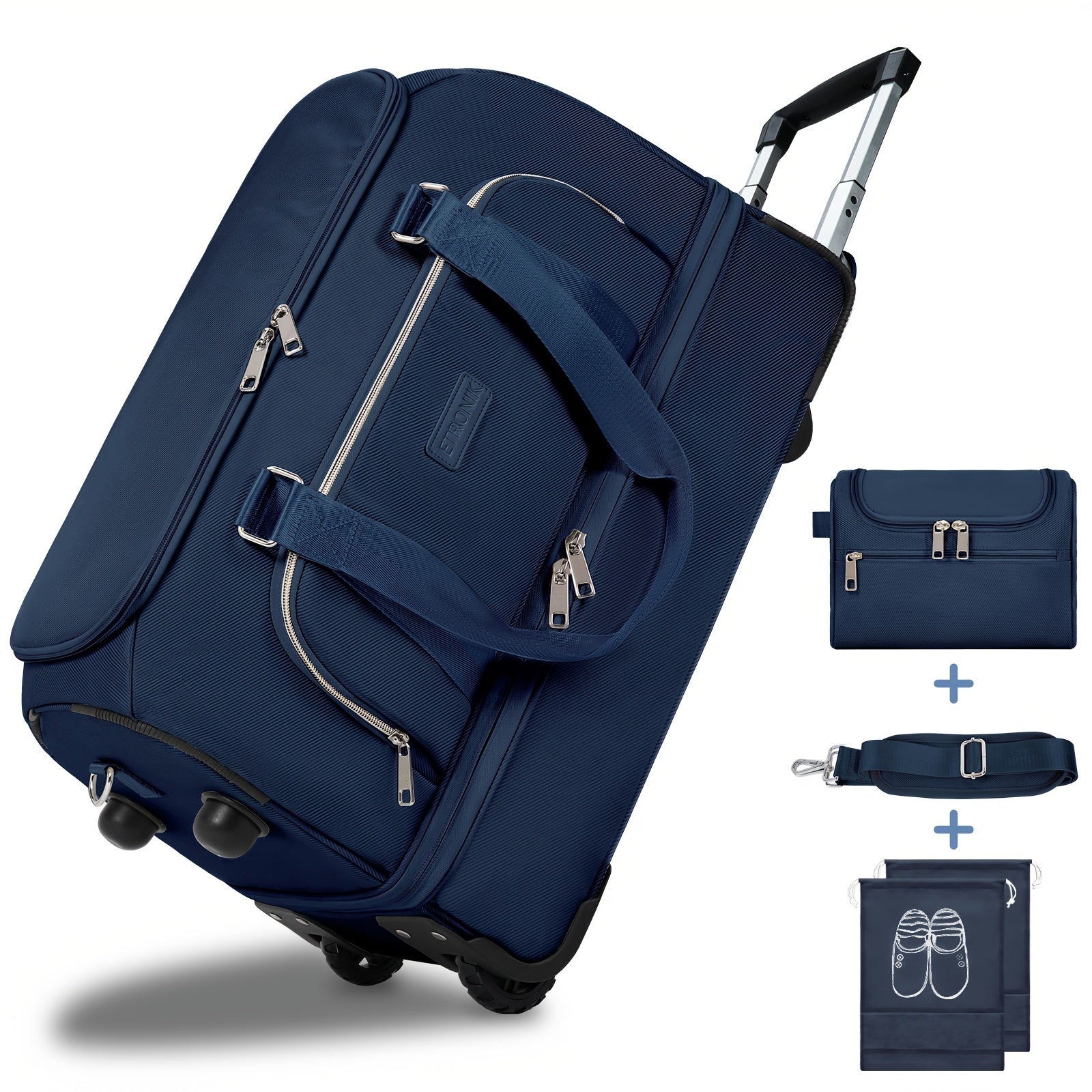 Rolling Luggage Duffel Bag - Spacious & Stylish with Shoe Compartment - Azul & Beige Weekender Set