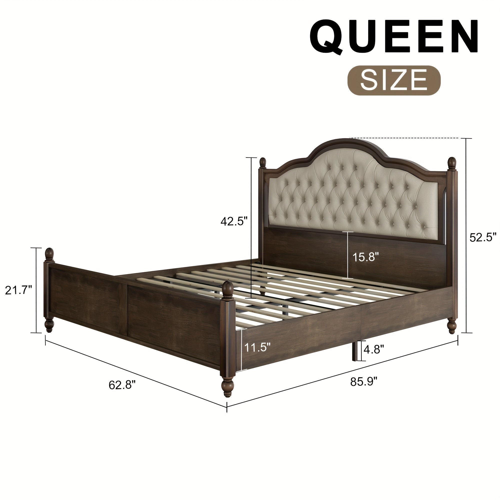 Queen Size Bed Frame Made of Solid Wood, Elegant Platform Bed Featuring a 52.5" Upholstered and Tufted Headboard, Perfect for Transitional Style Bedrooms