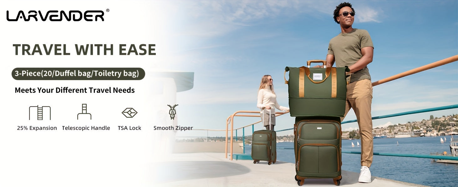 Soft Edge Luggage Set Of 3 Pieces, Expandable 20 Inch Carry On Luggage 22x14x9, Approved By The Airline, With TSA Lock Wheels, Lightweight Rolling Luggage For Men And Women, Green/brown