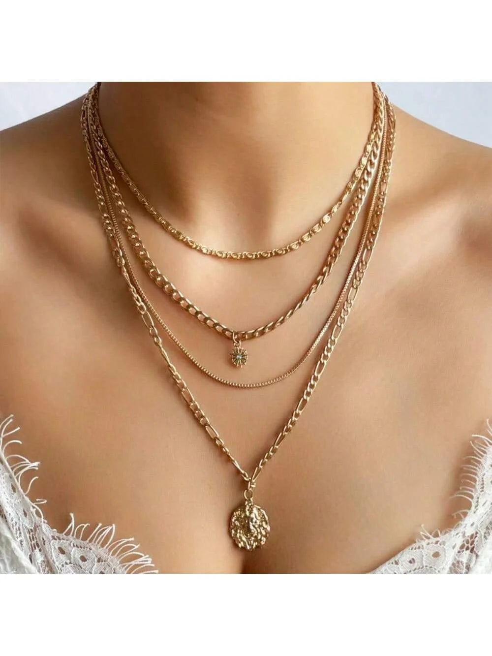 Bold Statement Layered Necklace - Lion & Sun Pendant on Chunky Gold Chain, Y2K Inspired Edgy Daily Jewelry