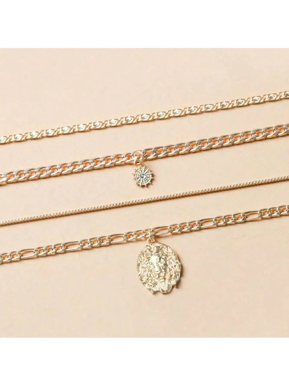 Bold Statement Layered Necklace - Lion & Sun Pendant on Chunky Gold Chain, Y2K Inspired Edgy Daily Jewelry