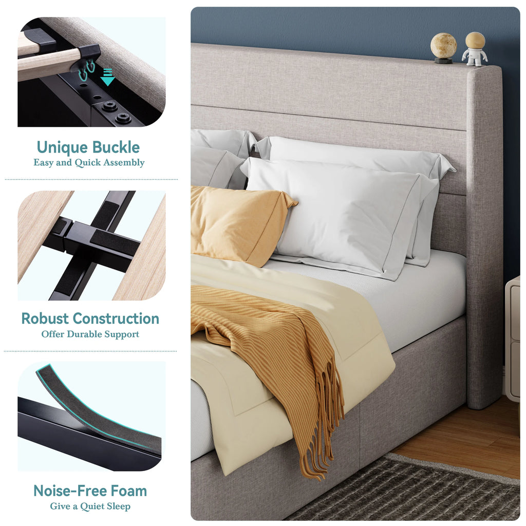 HOOMIC Lift Up Storage Bed with Wingback Headboard/Heavy-Duty Hydraulic Bed/Large Underneath Storage Allewie