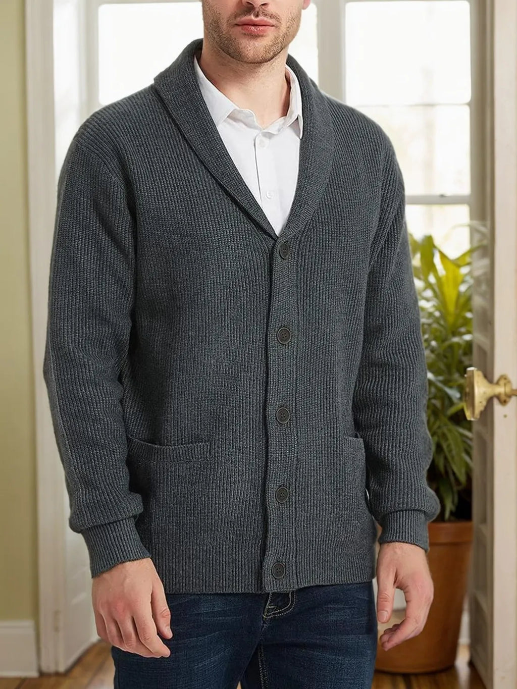 Men's Shawl Collar Cardigan Sweater - Button-Up Down Knit Sweater with Pockets for Warmth in Fall and Winter Seasons