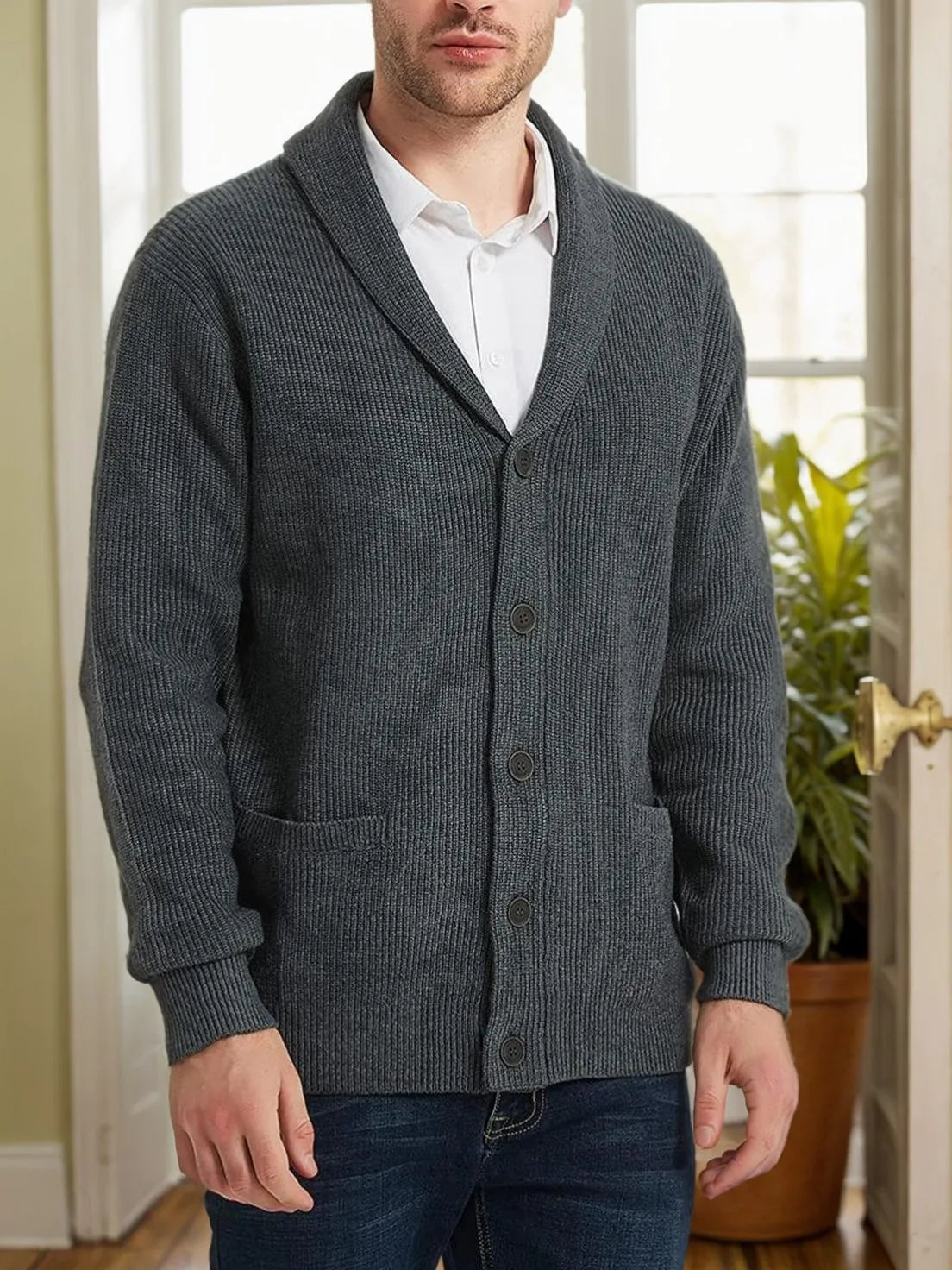 Men's Shawl Collar Cardigan Sweater - Button-Up Down Knit Sweater with Pockets for Warmth in Fall and Winter Seasons